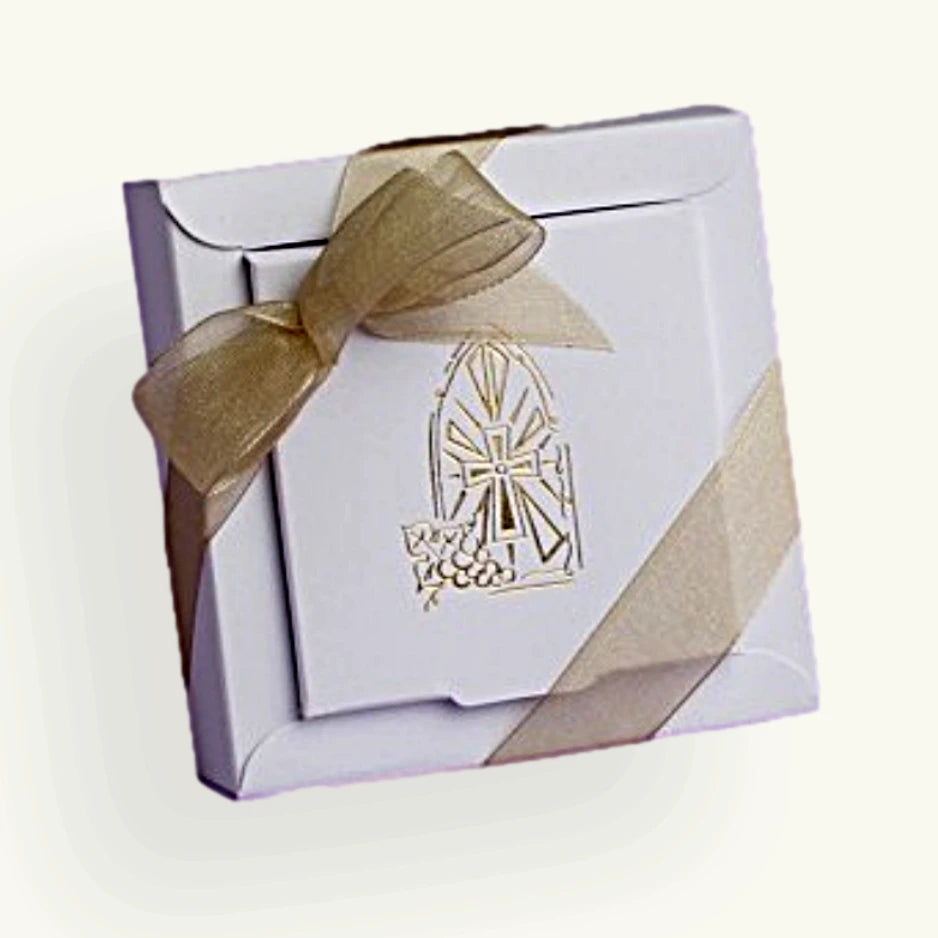 boite dragées communion blanc doré vitrail