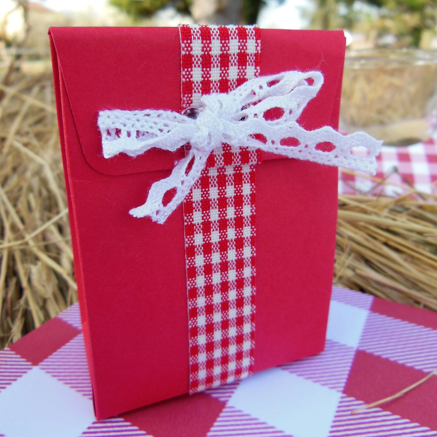 boite dragées tissu vichy bapteme mariage communion guinguette champêtre