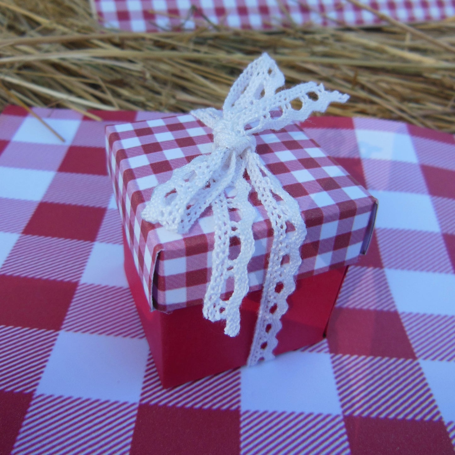 boite dragées tissu vichy bapteme mariage communion guinguette champêtre