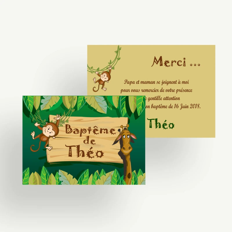 carte remerciement bapteme jungle zoo savane