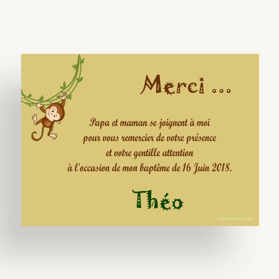 carte remerciement bapteme jungle zoo savane
