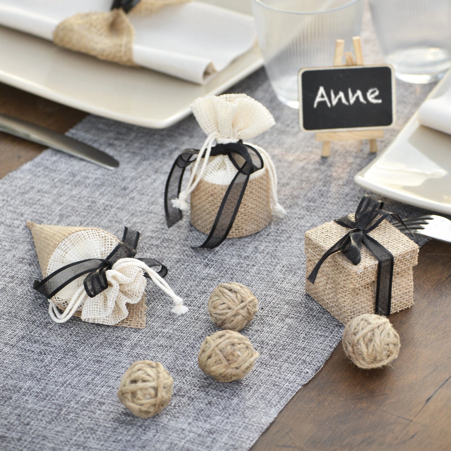contenants dragées naturels mariage bapteme jute