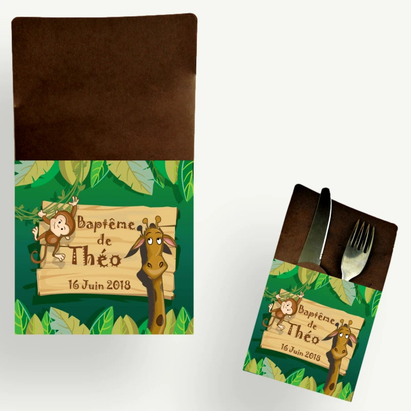 pochette couvert personnalisé décoration table bapteme jungle zoo savane