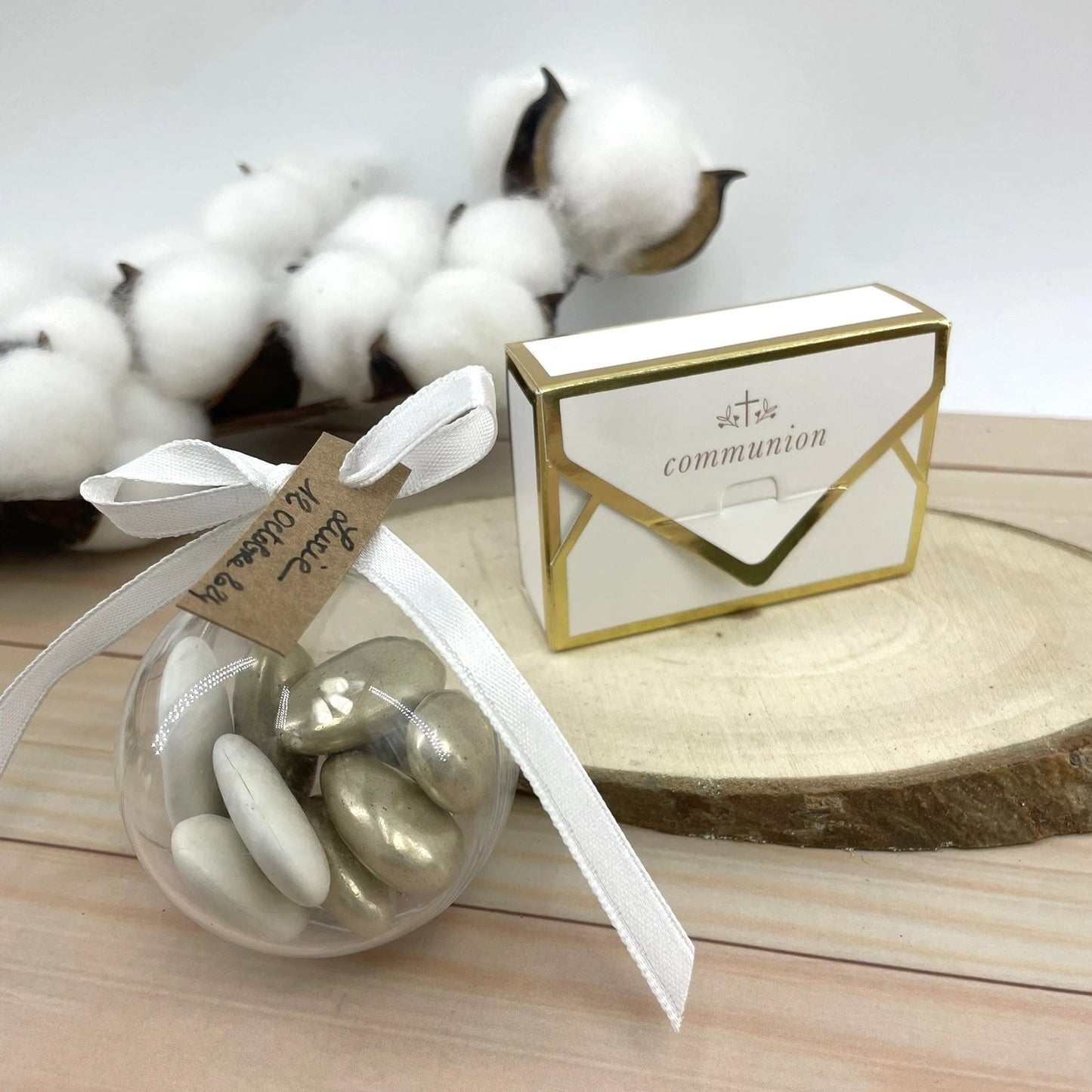 pochon dragées communion blanc doré