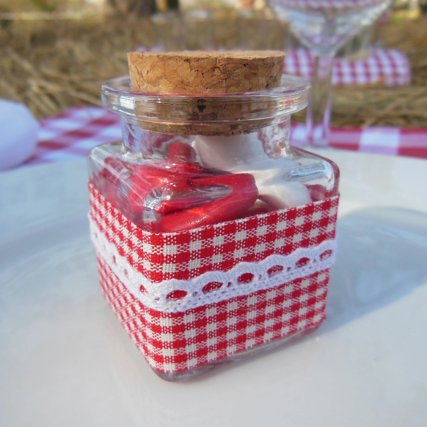 pot dragées verre vichy bapteme mariage communion guinguette champêtre