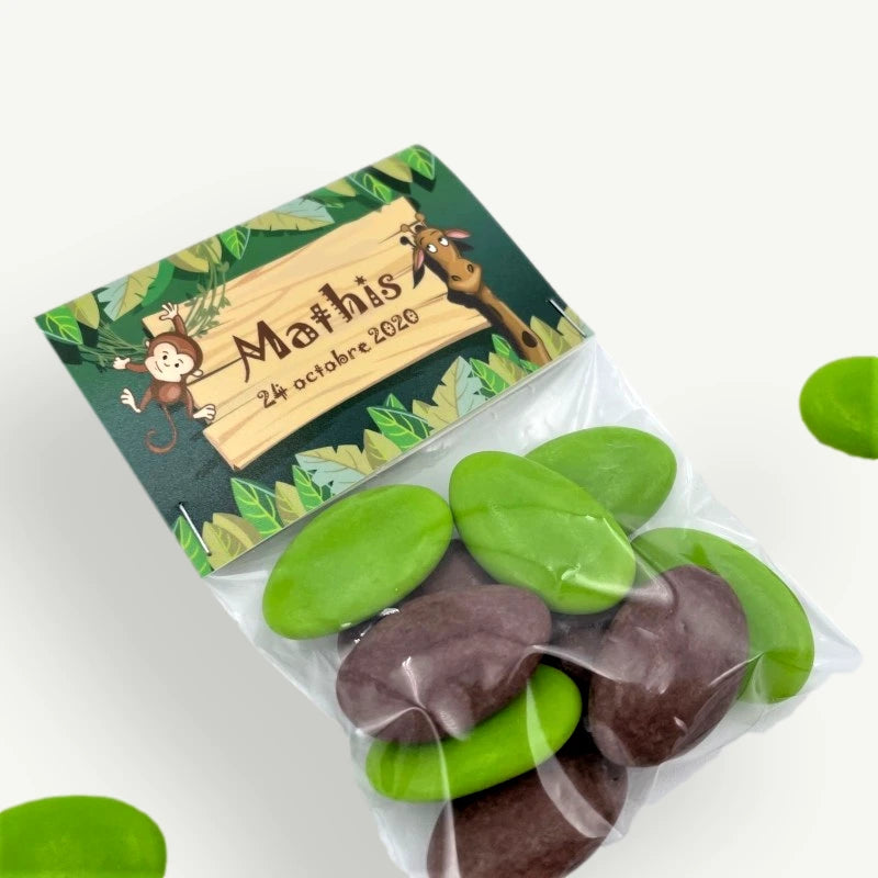 sachets dragees confiseries personnalisé jungle zoo savane bapteme anniversaire