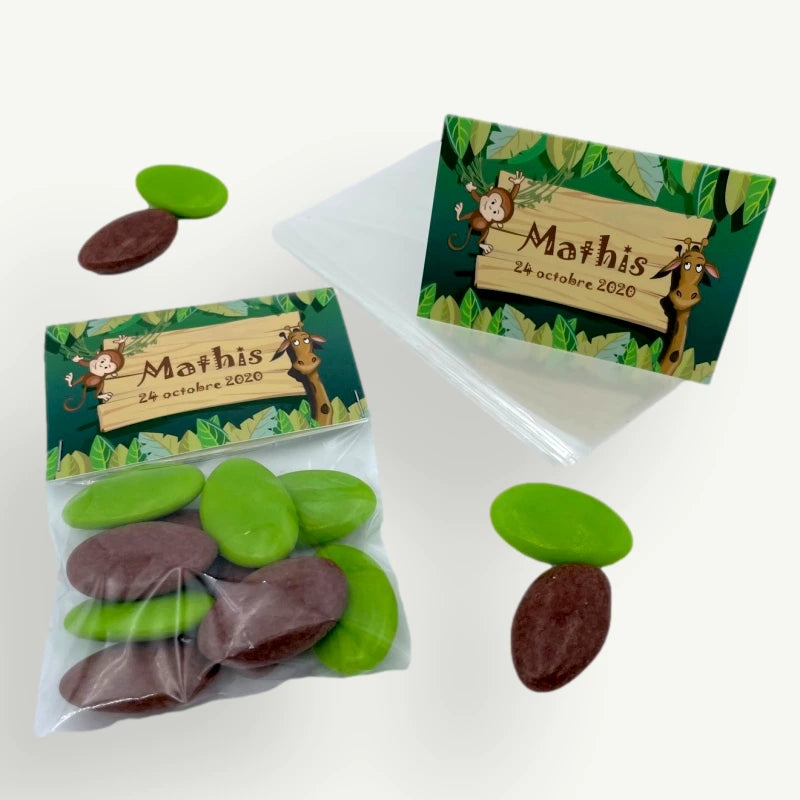 sachets dragees confiseries personnalisé jungle zoo savane bapteme anniversaire