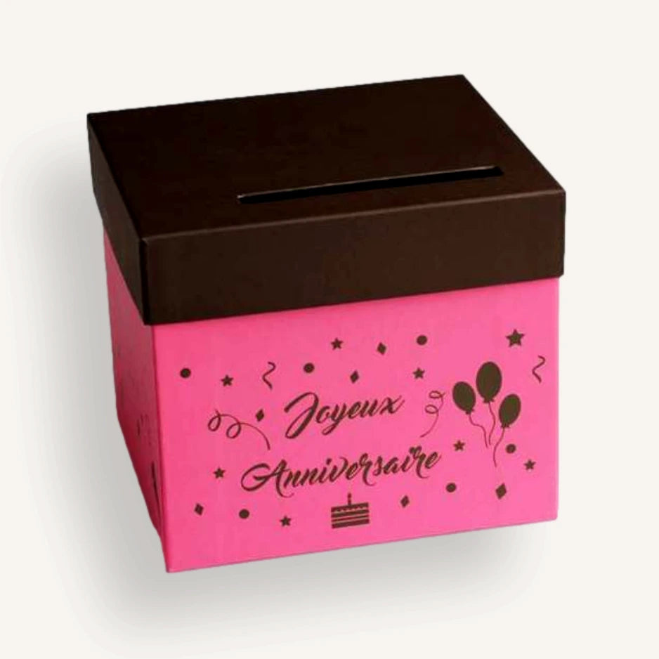 Urne joyeux anniversaire marron et rose fuchsia