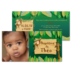 faire-part invitation baptême naissance anniversaire enfant thème jungle zoo savane singe girafe personnalisé photo original