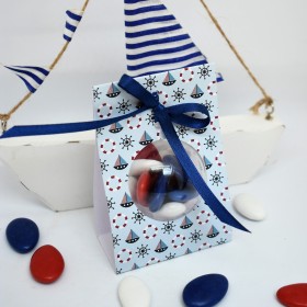 Boite dragées personnalisée porte boule Petit Navire Marin Garçon couleur bleu marine baptême anniversaire enfant