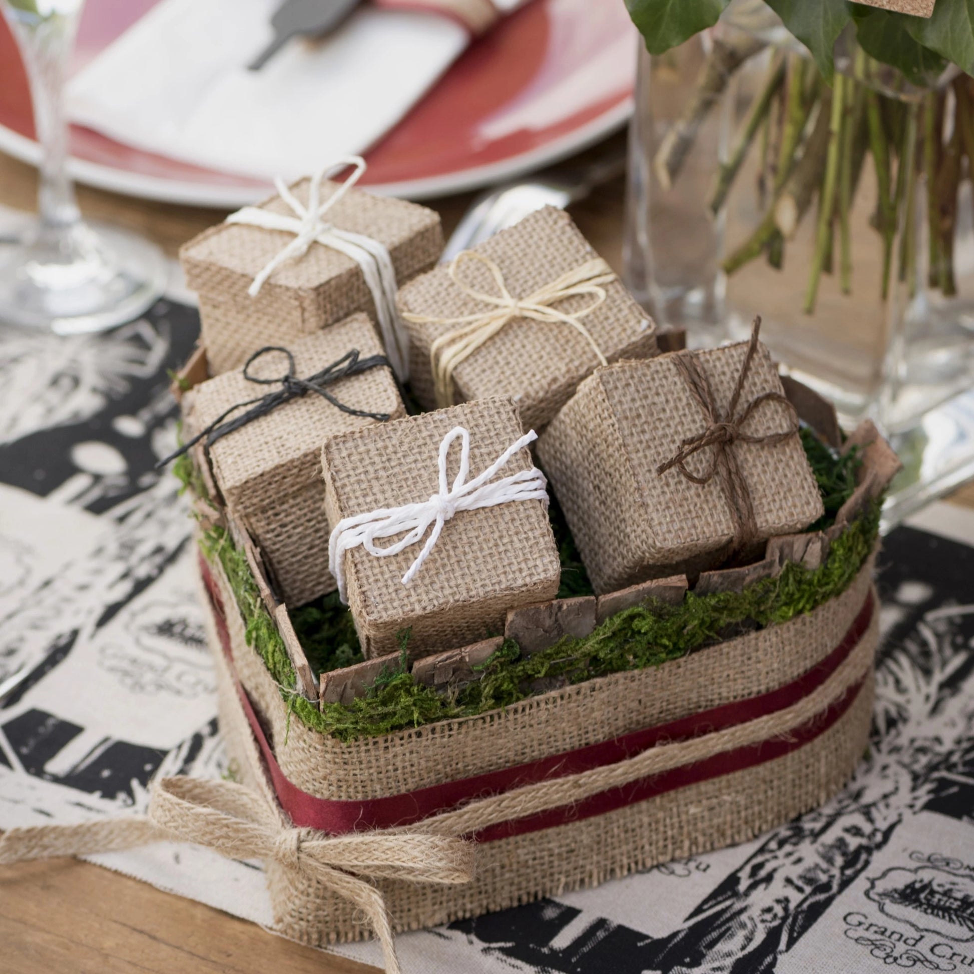 boite dragées toile de jute naturelle champetre