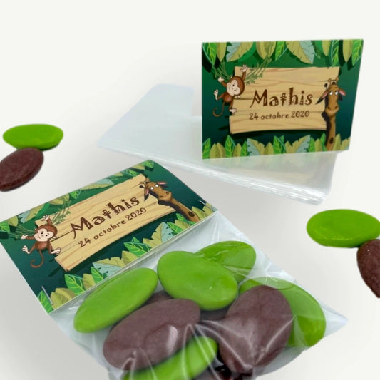 sachets dragees confiseries personnalisé jungle zoo savane bapteme anniversaire